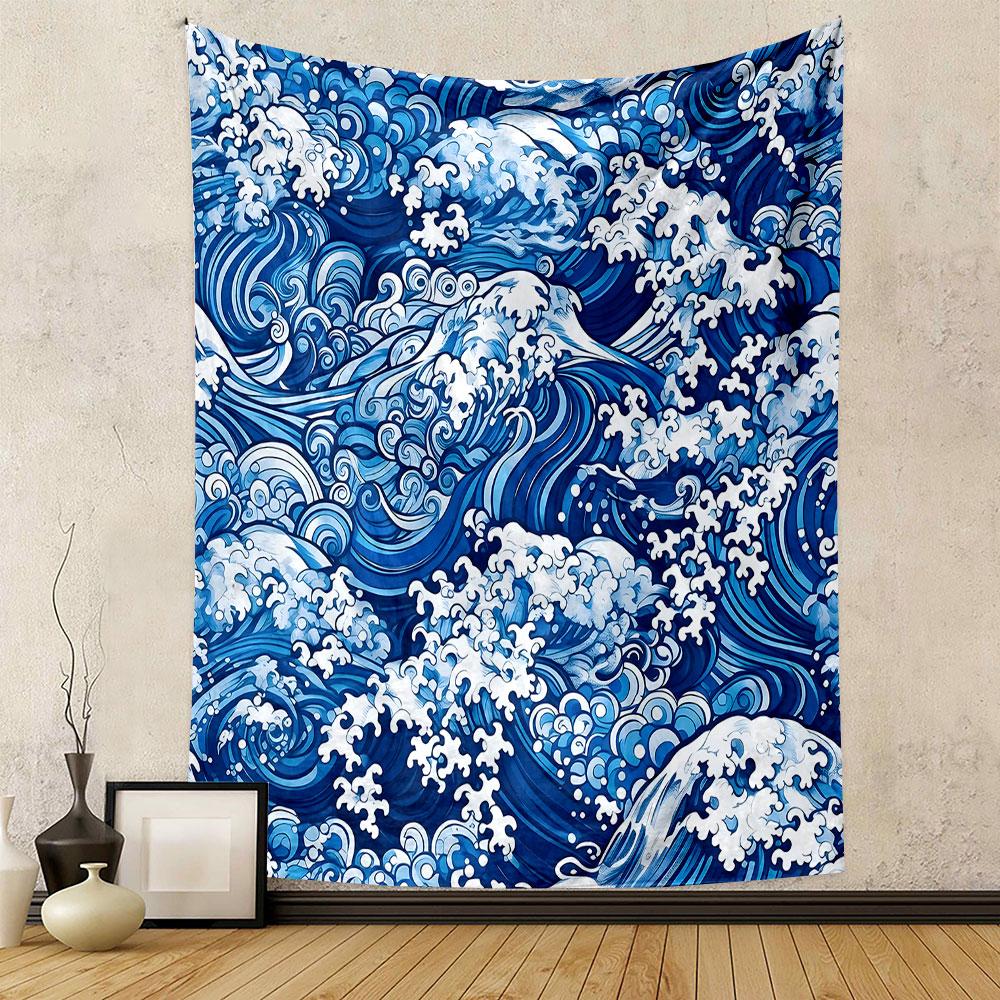 "Blue Ocean Waves Tapestry Design" Patterned Tapestry Decorative Wall Hanging, Home Bedroom Living Room Decor