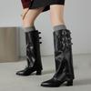 2025 New Western Boots Women's Square Head Retro Belt Buckle Knight Boots Versatile Long Boots Thick Heel Stacked Boots Pants Tube Boots