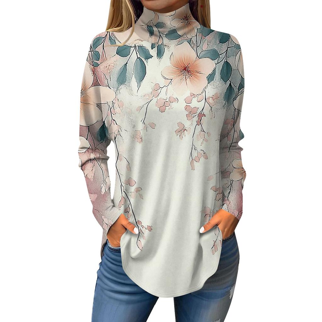 Women's Fashionable Casual High Neck Printed Long Sleeve T-Shirt Pullover Top