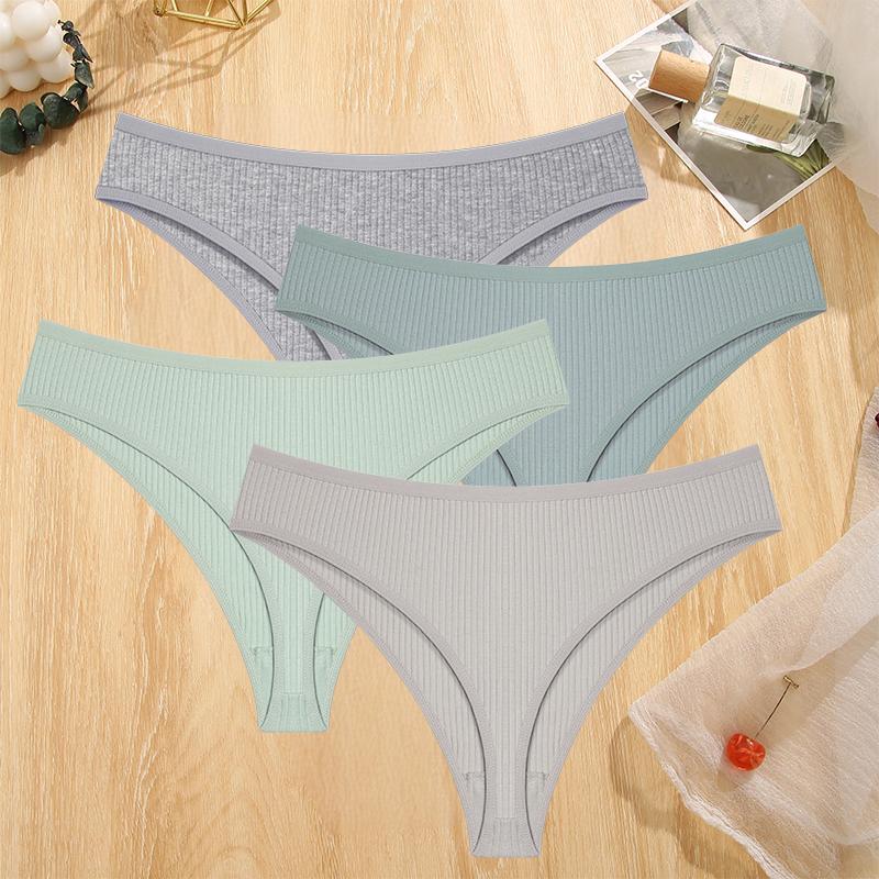 FINETOO 4PCS Cotton Briefs for Lady Sexy Low-Waist Brazilian Panties Female Soft G-String Underwear T-Back Solid Lingerie Bikini
