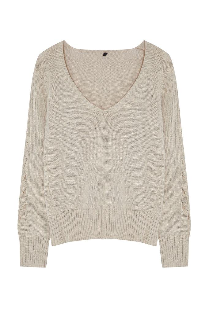 Женский модный стильный свитер, норковый ажурный перфорированный хлопковый трикотаж с v-образным вырезом, свитер