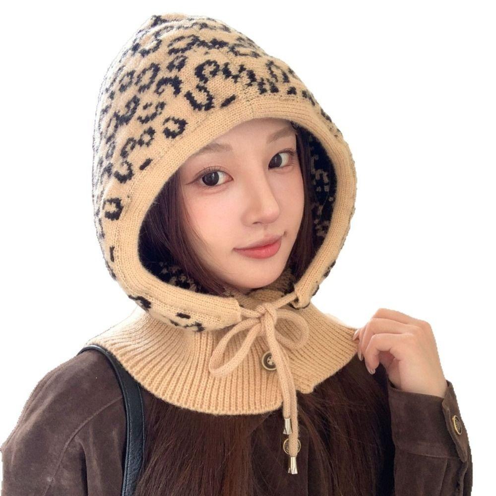 Windproof 2-in-1 Hat Neck Scarf Acrylic Blend Knitted Hood Hat Leopard Balaclava Hat Fall Winter