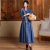 Johnature V-Neck Embroidery Chinese Style Vintage Dress Woman Spring Button Cotton Single Breasted Personality Dress