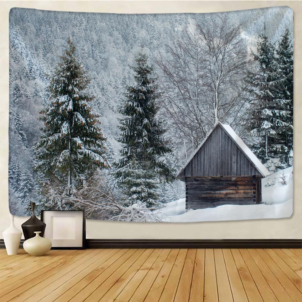 Christmas Snow Scene Home Decor Tapestry Forest Cottage Boho Decoration Hippie Christmas Tree Wall Decor Backdrop Fabric