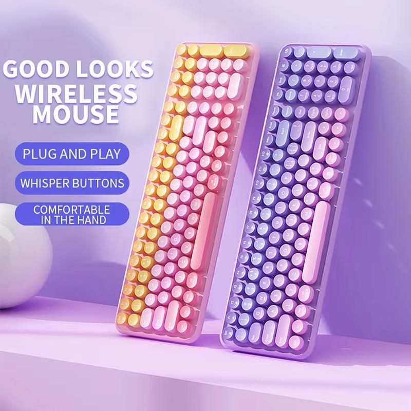 Беспроводная клавиатура 2.4G, 106 клавиш, питание от батареи, ретро-круглые клавиши, красочная симпатичная клавиатура для девочек, совместимая с Windows