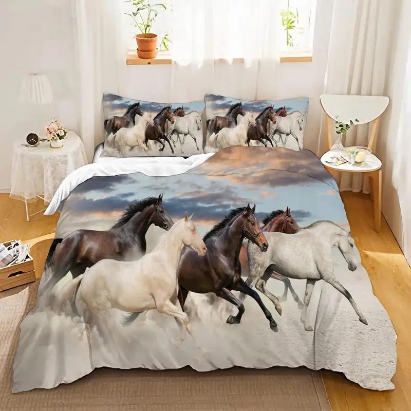 Белый конь Пуховое одеяло Набор Одеяло с принтом животных Удобное постельное белье Набор из трех предметов