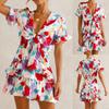 Women Fashion Printed Dress Short Sleeve V-neck Mini Dress Flouncing Hem Bow-tied Summer Dress