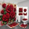 4pcs Elegant Red Rose Waterproof Shower Curtain With 12 Hooks Non-Slip Bathroom Rug Toilet U-Shape Mat Toilet Lid Cover Pad