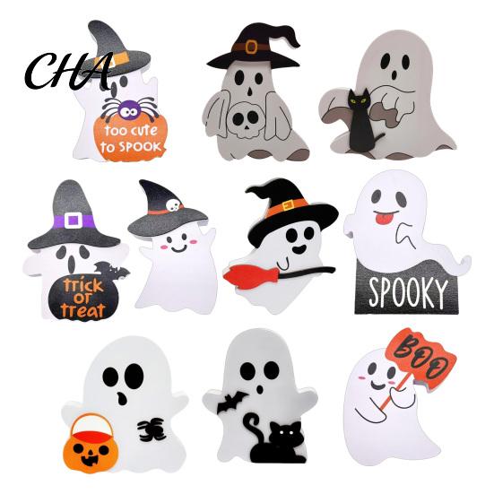 Decorative Wood Crafts Cute Ghost Halloween Wooden Sign, Farmhouse Small Black Cat Witch Hat Desktop Showcase Display Signs, Standing Tabletop