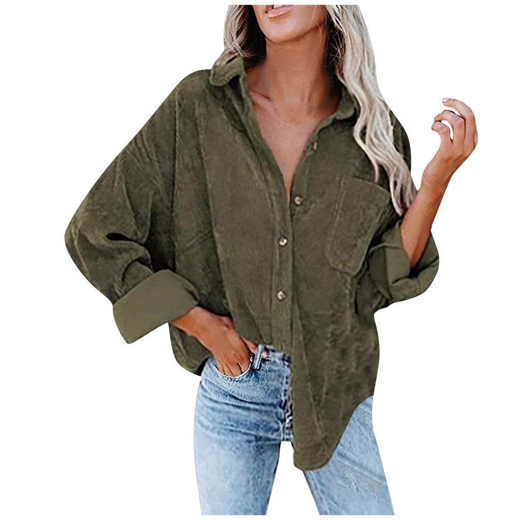 Women's Casual Solid Color Lapel Long Sleeve Corduroy  Jacket