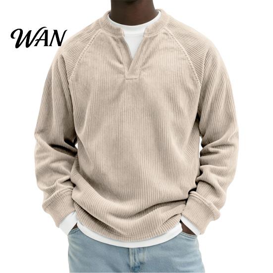 Soft Textured Buttonless Tops Men Corduroy Layered Tops, V Neck Raglan Long Sleeve Pullover Loose Fit Basic Fake Two Pieces for Daily Wear Breathable