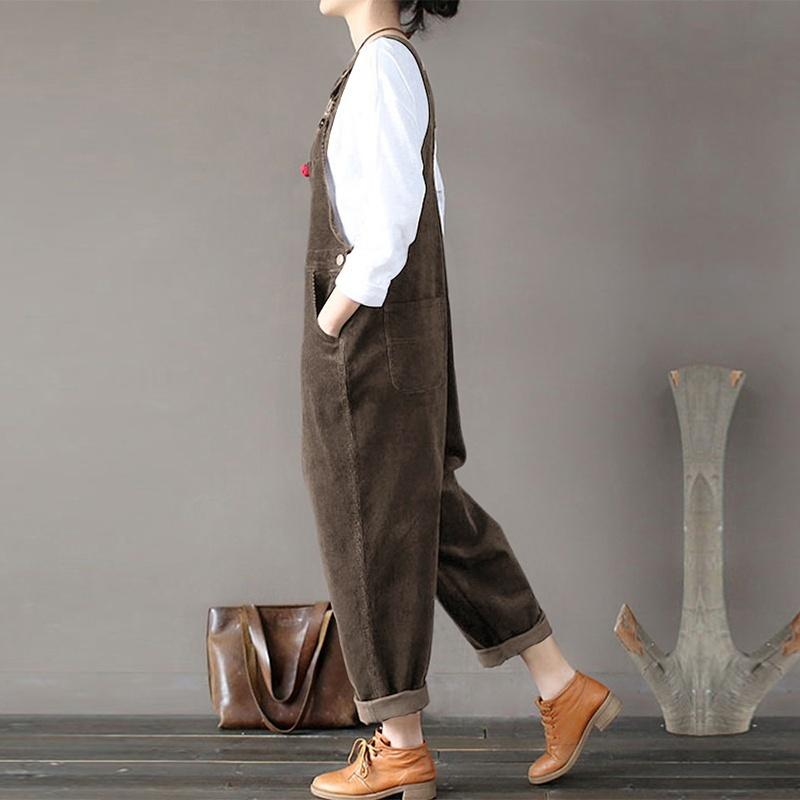 Vintage Women Corduroy Overalls Dungarees Solid Color Bib Pants Sleeveless Loose Jumpsuits Rompers