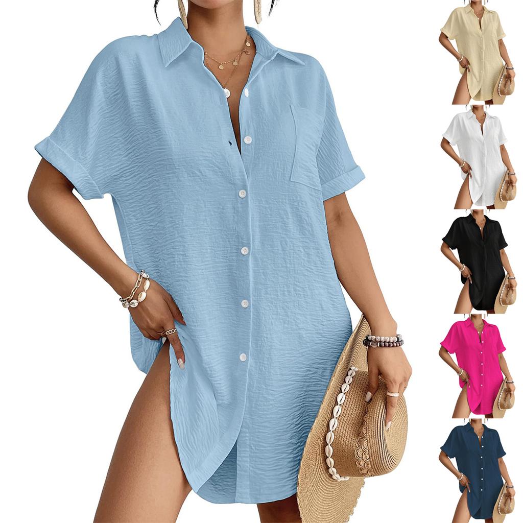 Women's Fashion Solid Color Collar Button Loose Pocket Short Sleeve Long Shirt Top
