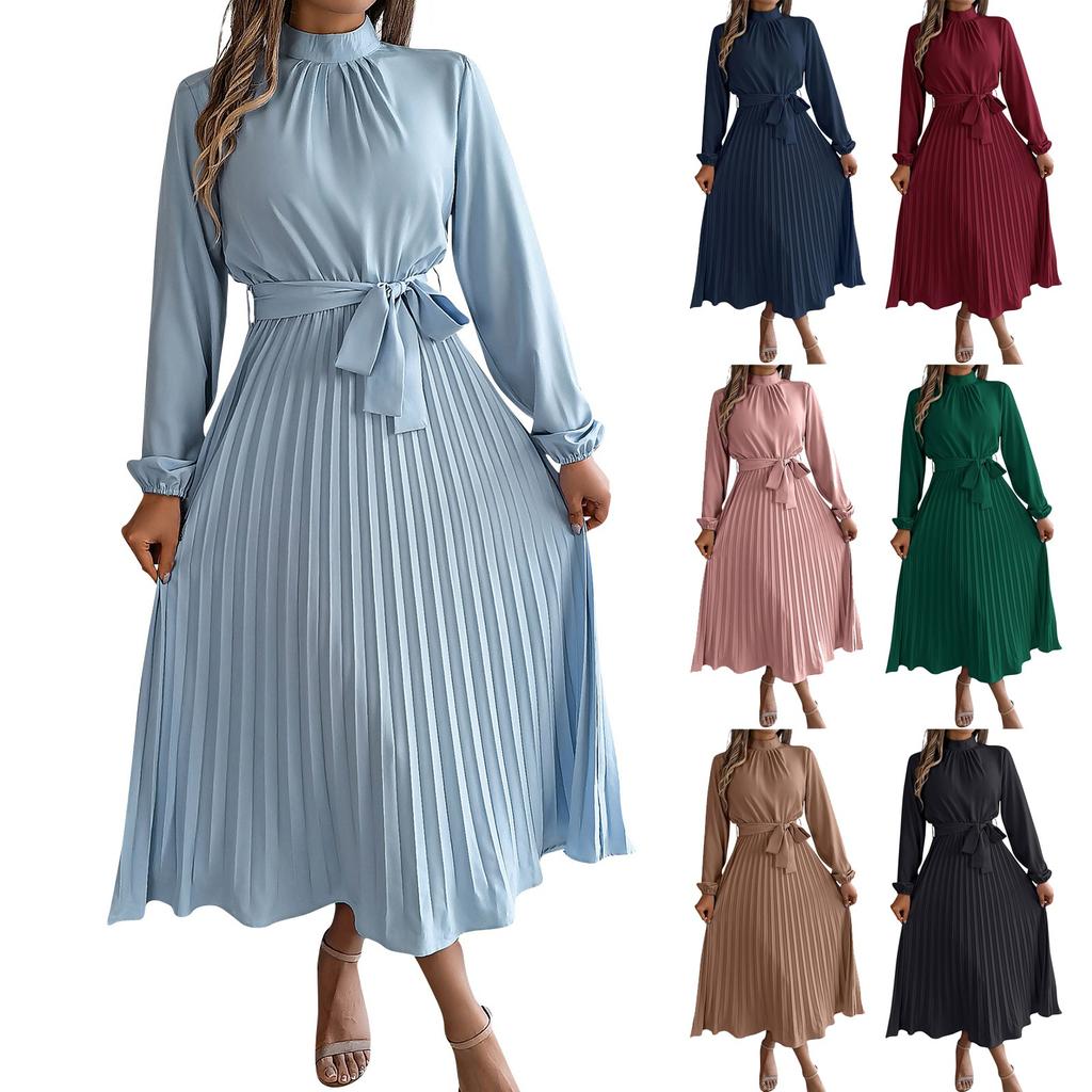 Women's Fashion Retro Solid Color Long Sleeve Waist Pleated Skirt Stand Collar Pullover Dress
