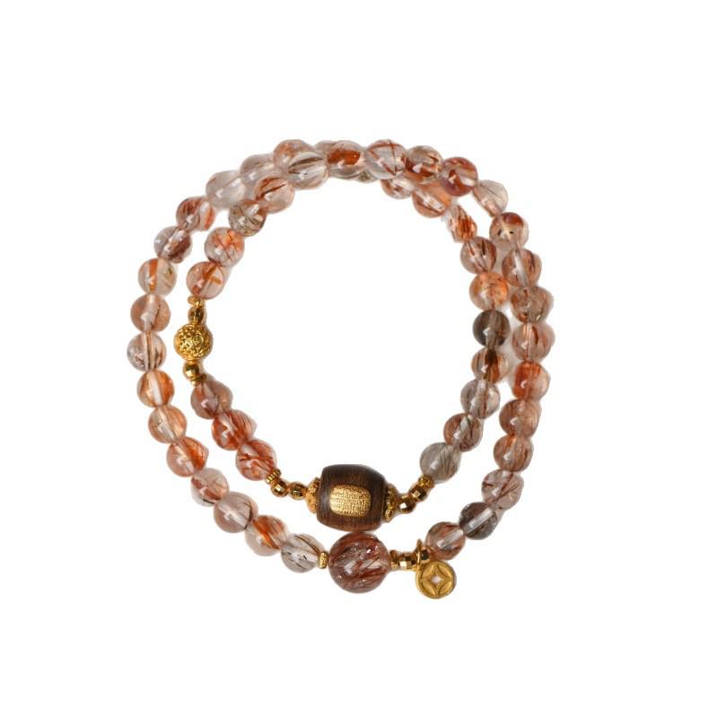 Женский браслет из черного золота с кристаллами Супер Семь, сандаловым деревом и шармом Пиксю, красный рутиловый кварц; Складываются для богатства и удачи.