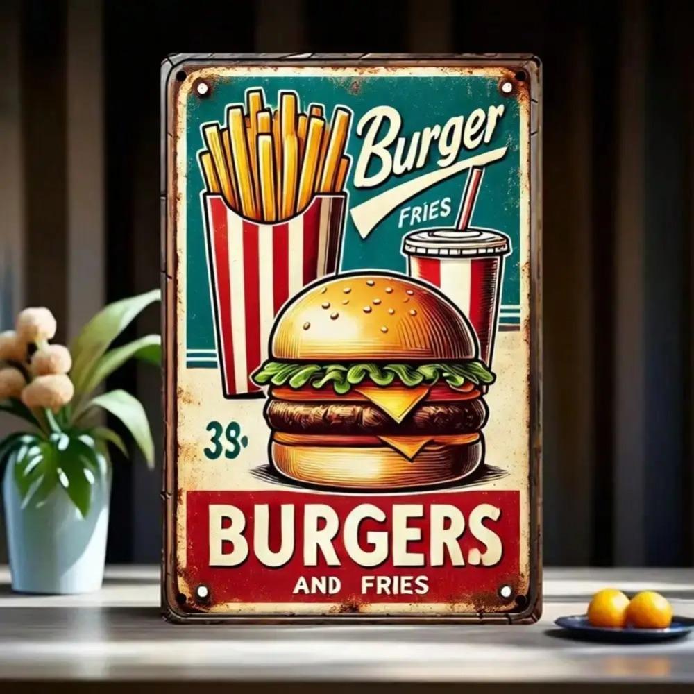 Burger Fries Metal Tin Sign Retro Wall Art 8x12 Inch Cafe Bar Home Decor