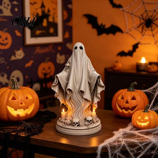 Detailed Ghost Carving Halloween Figurine, Spooky Resin Skulls Statue for Bedroom Ornament Tiered Tray Home Table Centerpiece, Party Supplies
