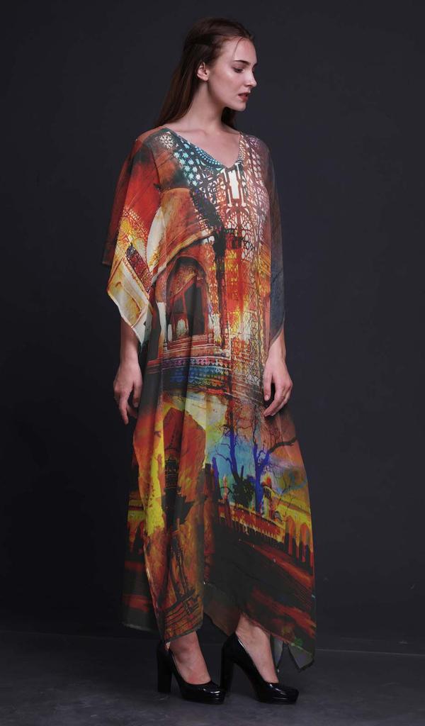 Phagun Mughal Monuments Long Caftan Maxi Dress Beach Swimwear Cover Up Womens