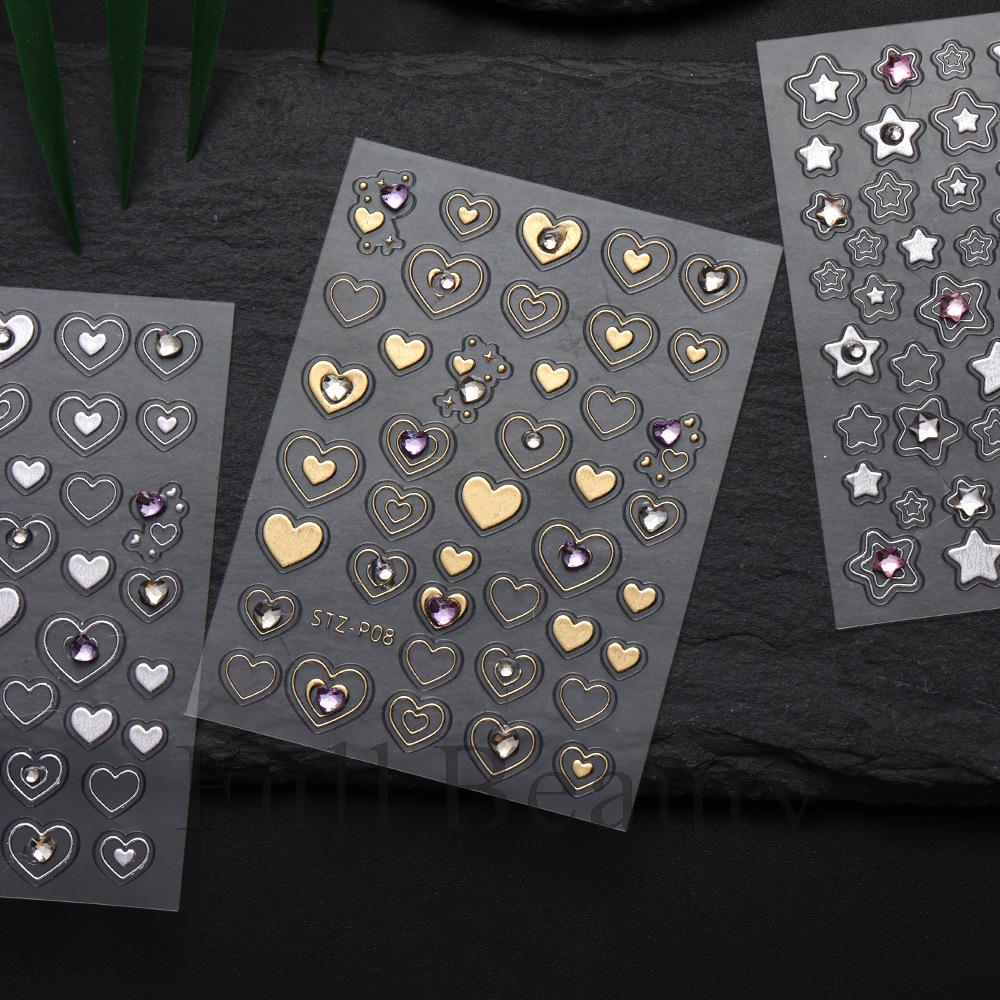 Металлические золотые серебряные наклейки для ногтей сердечки звезды нейл-арт наклейки слайдеры маникюрный декор