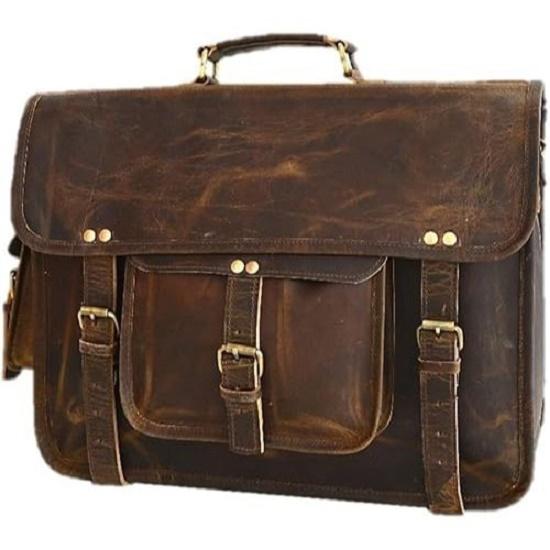 New 16 Inch Leather Messenger Bag for Men Handmade Vintage Laptop Computer Shoulder Brown Office Briefcase