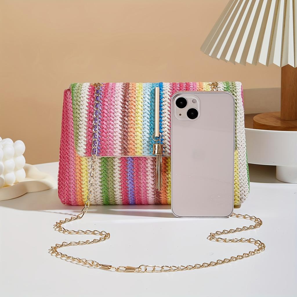 Chic Rainbow Stripe Straw Crossbody Bag for Women Adjustable Shoulder Strap Magnetic Closure Tassel Accent, Square Purse