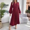 Women's Autumn and Winter Elegant V-neck Long Sleeve Waist Pleated Long Dress