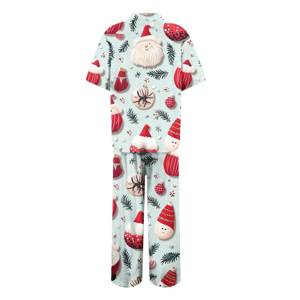 Женский рождественский пижамный комплект с принтом, женские короткие рукава, длинные брюки, комплект из двух предметов, застегивающийся на пуговицы, домашняя одежда