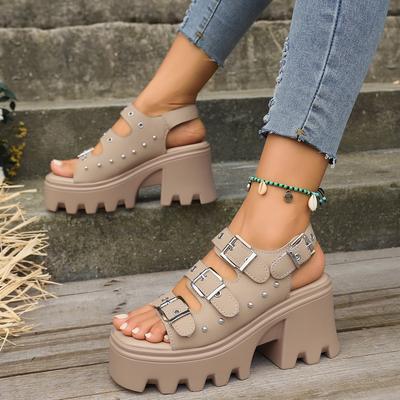 Женские босоножки большого размера на высоком каблуке, летние сандалии, увеличивающие рост в стиле панк, мотоциклетные готические женские туфли, сандалии цвета хаки на платформе