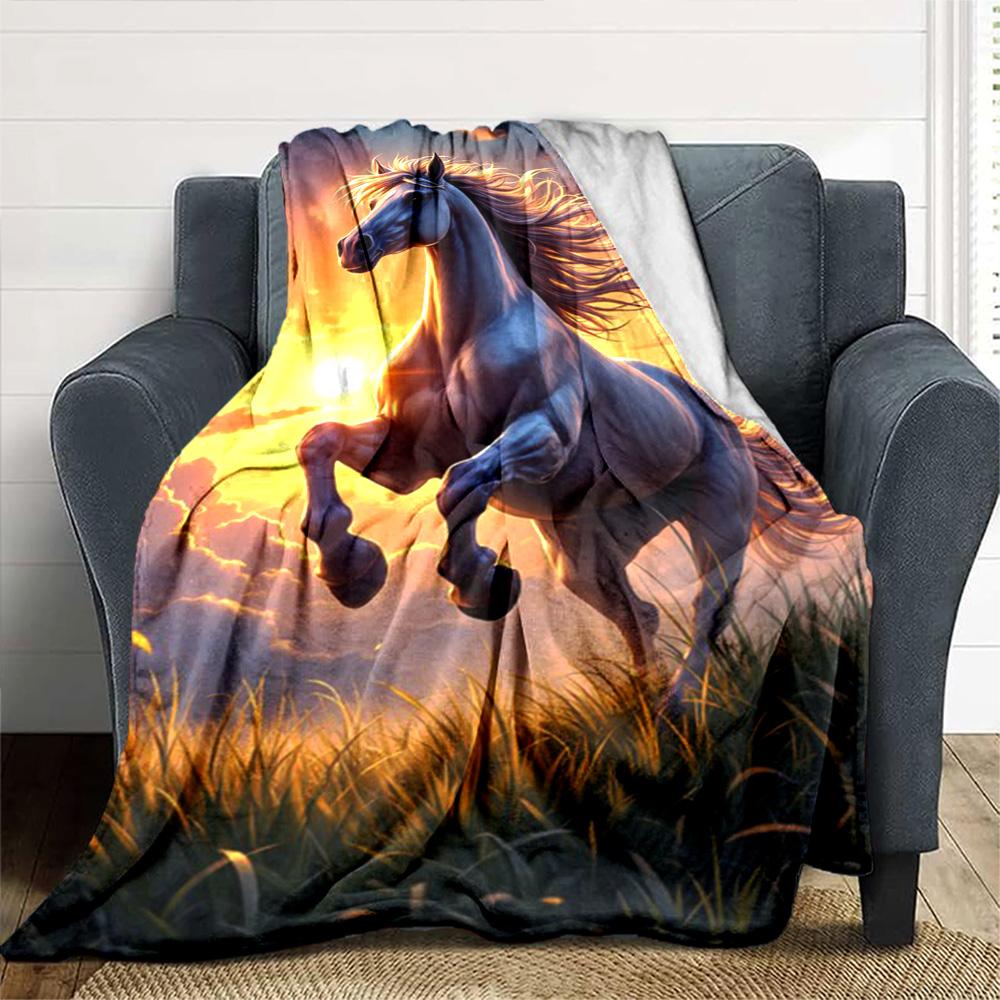 Galloping Black Horse Sunset Golden Grassland Print Flannel Blanket Wildlife Animal Throw Blanket Soft Cozy Home Sofa Bed Decor