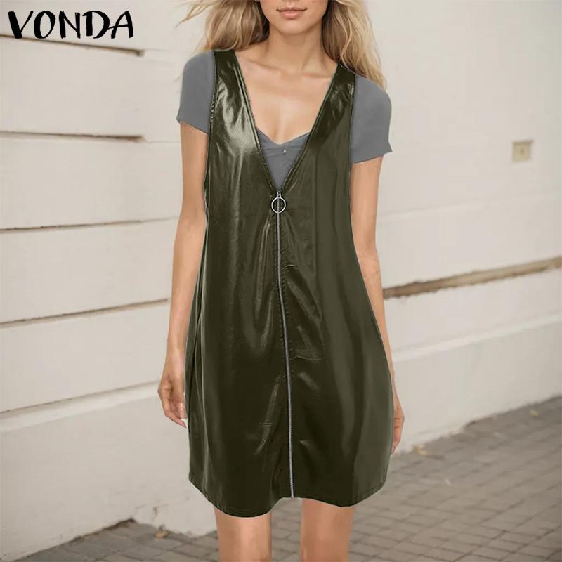 VONDA Женская мода искусственная кожа однотонные молнии подтяжки юбки