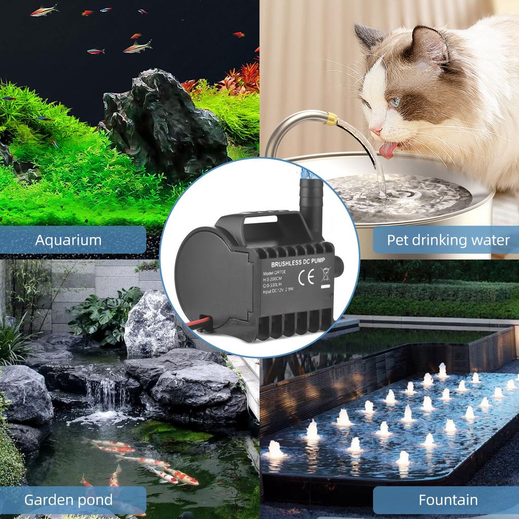 Погружной 12В Водяной насос Электрический 500л/ч Маленький фонтанный насос с максимальной высотой подъема 4,9 фута, проводом 1,6 фута и основанием на присосках,