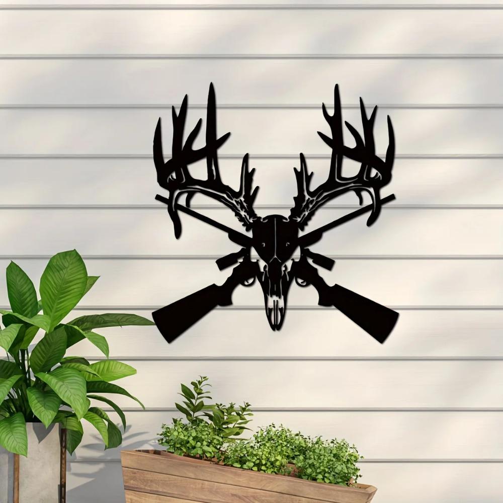 1 шт. Металлический знак «Олень с черепом и пистолетом» — стильный декор для мужской пещеры и гаража, охотничья тематика, металлическое искусство, идеальный подарок для него