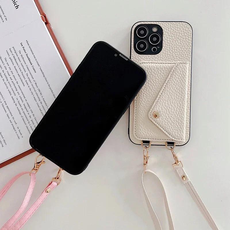 Чехол-ремешок через плечо для iPhone 12 Mini 16 15 Plus 14 13 11 Pro Max XS X XR 7 8, кожаный кошелек с держателем для карт