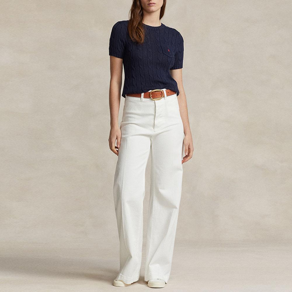 Polo Ralph Lauren SS24 однотонный вышитый логотип с косами, облегающий свитер с коротким рукавом, женский свитер Hunter-Navy WMPOSWENC020882-400