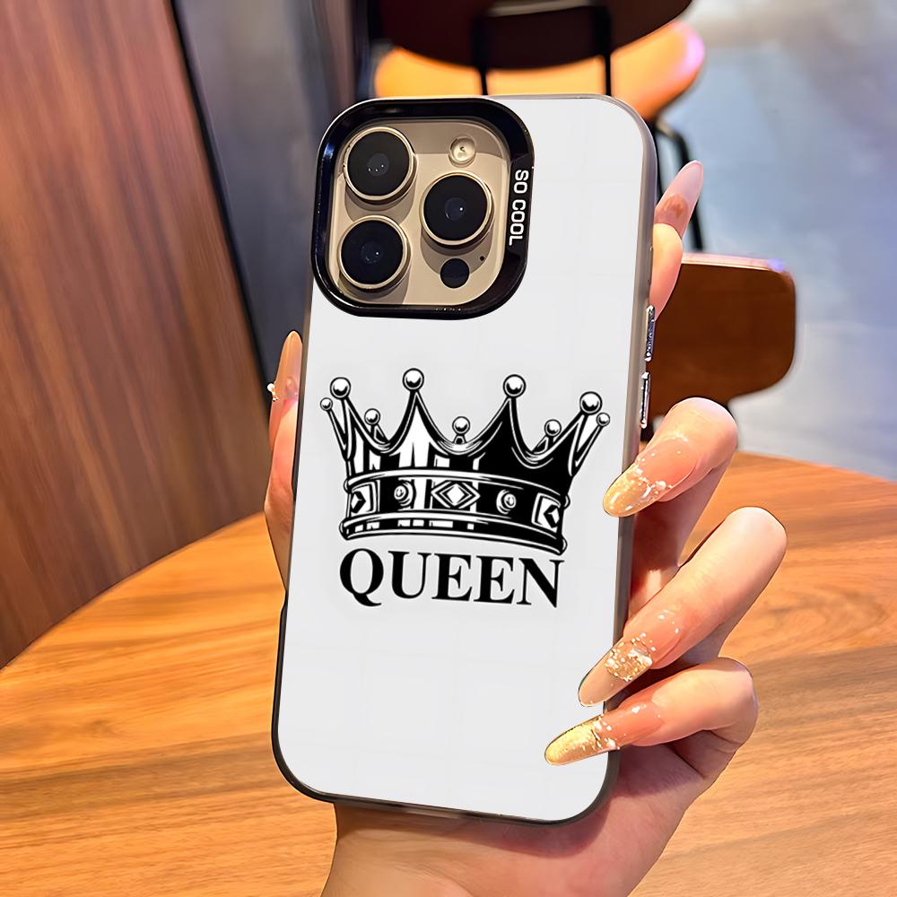 KING Queen Crown Letter Phone Case For IPhone17 Air 16 15 14 Plus 13 12 11 Pro 7 8 XS Max XR Silver Black Bumper Case