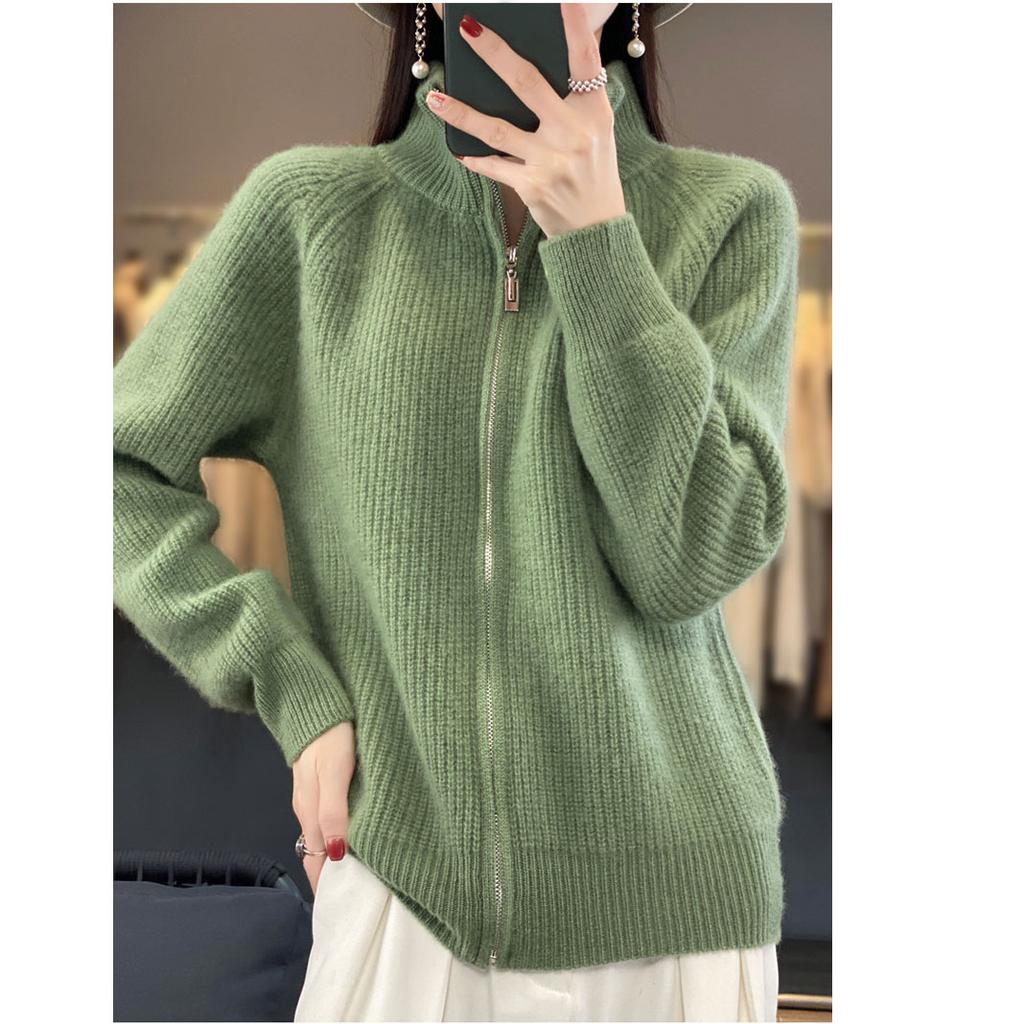 Autumn High Neck Zipper Knitted Cardigan Women's Wool Zipper Cardigan Padded Shoulder Stand Collar Women's Cashmere Knitted Coat Lapel Sweater