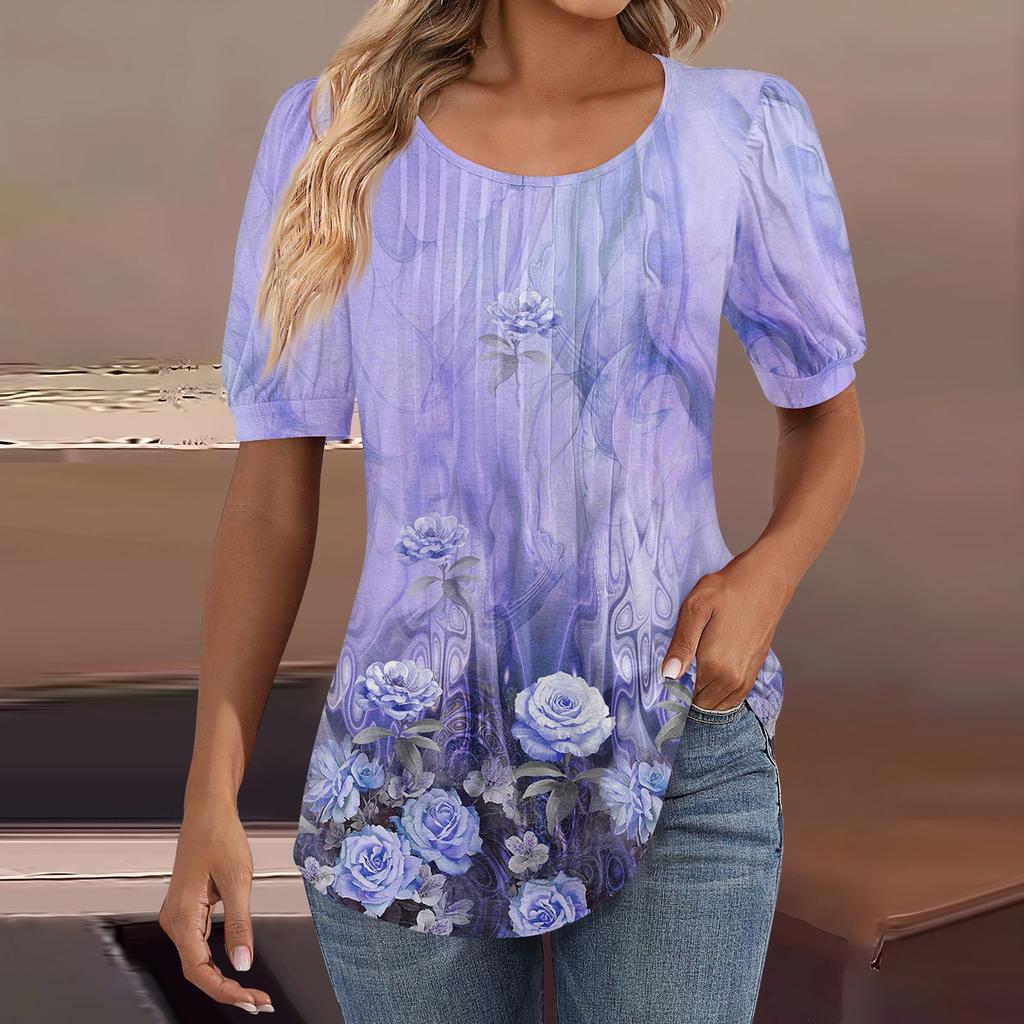 Женские пышные туники с короткими рукавами, топы, плиссированные блузки с воротником, повседневные свободные весенне-летние футболки