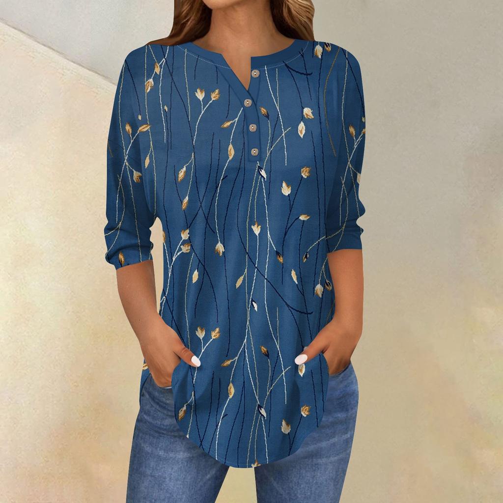 3/4 Length Sleeve Womens Tops Summer T-Shirts Floral Print V Neck Casual Basic Tee Button Shirts Tunic Tops