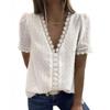 Deep V-Neck Chiffon Shirt Embroidered Lace Short Sleeve Top