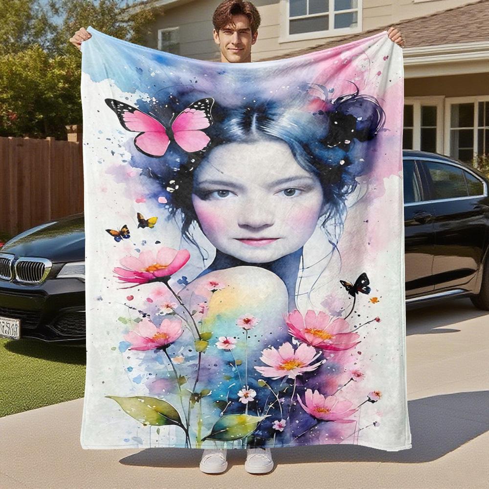 1pc butterfly flowers Outdoor Flannel Blanket Soft Warm All-Season Throw for Sofa Bed Car Camping Office, Cozy Gift Idea1189S