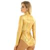 Women's Shiny Metallic Long Sleeve Turtleneck Thong Leotards Dance Gymnastics Bodysuit Clubwear