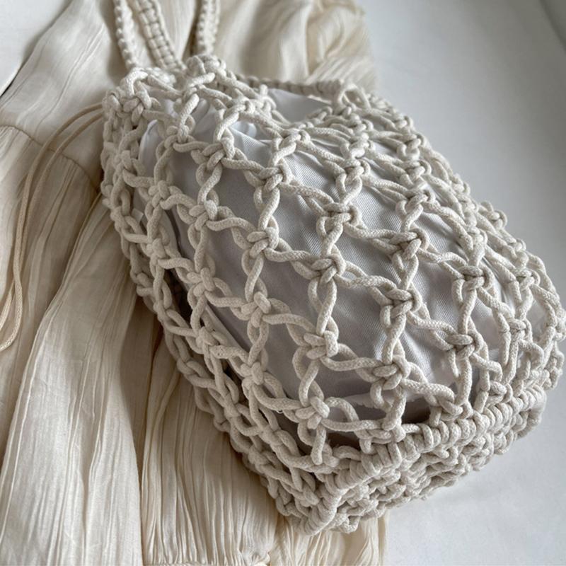 Летняя пляжная сумка для женщин, сетчатая веревочная вязаная сумка-ведро на плечо, сетчатые полые дорожные сумки-шопперы, женские модные сумки