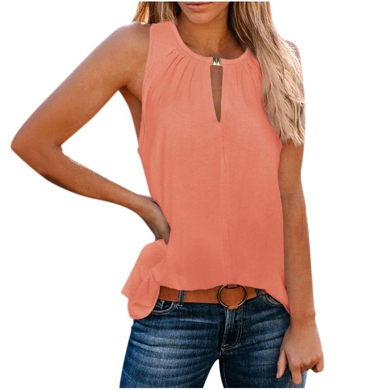 VEZFAA Women's Fashion Casual Summer Spring Solid Color Print Sleeveless V-Neck Blouses & Shirts