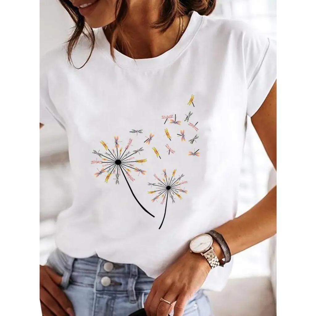 Dragonfly Butterfly Print Blouse Loose Women's Short-sleeved T-shirt Round Neck Casual Fashion Daily