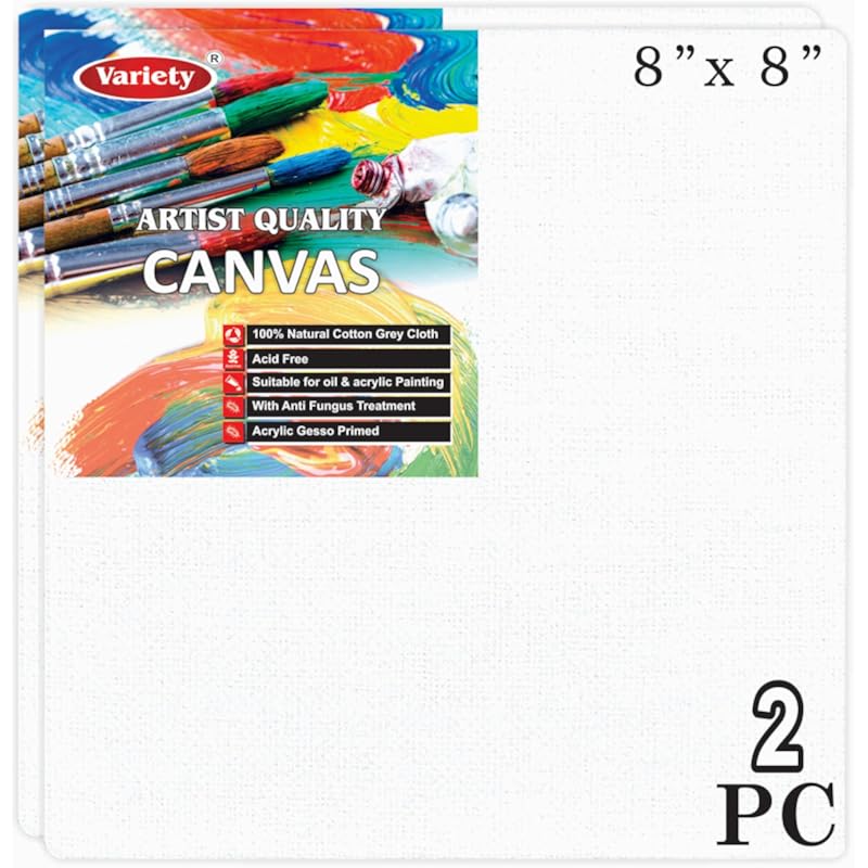 Variety Canvas 8 X 8 Inch Cotton Canvas Board For Painting, 7Oz Primed, Pack Of 2 Piece - White
