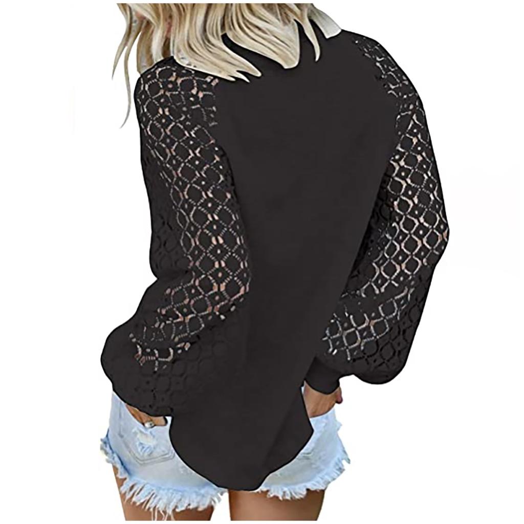 Женская мода с круглым вырезом и кружевом с длинным рукавом, повседневный свободный топ, пуловер