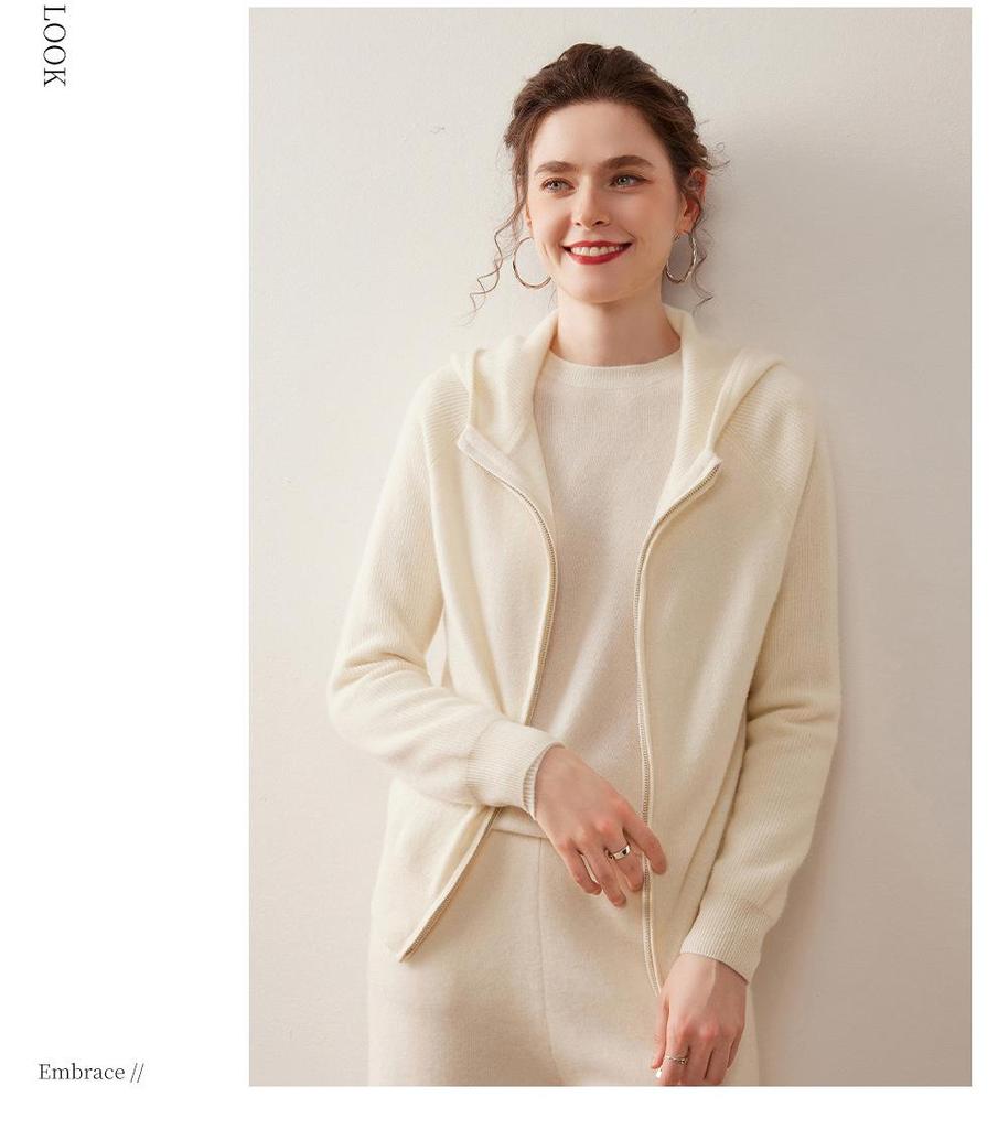 Women's Thickened Double Zipper Cashmere Cardigan - Solid Color, Loose Fit, Slimming Knit Hoodie for Autumn and Winter.