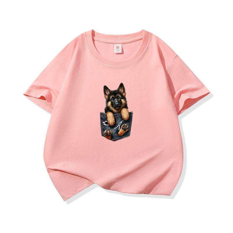 Kids Cotton T Shirt Cool Pocket German Shepherd Dog Print Crew Neck Short Sleeve Tee Casual Boys Girls Summer Tops