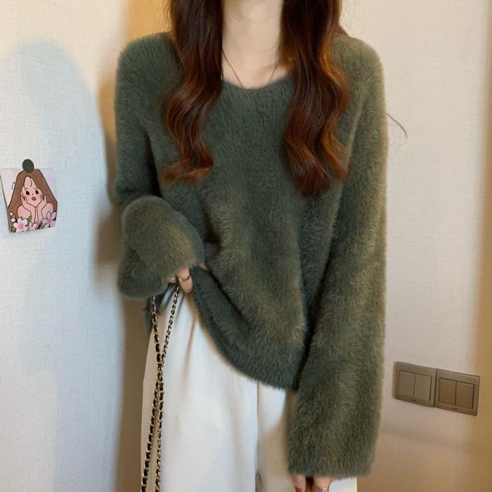 Женский свитер из искусственной норки с V-образным вырезом - толстый, теплый, трикотажный топ с длинными рукавами для осени и зимы