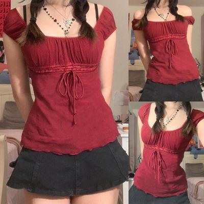 Эстетические милые кружевные топы 2000-х годов, женская футболка с открытыми плечами и завязками, корейская модная женская футболка, уличная одежда в стиле фея в стиле гранж